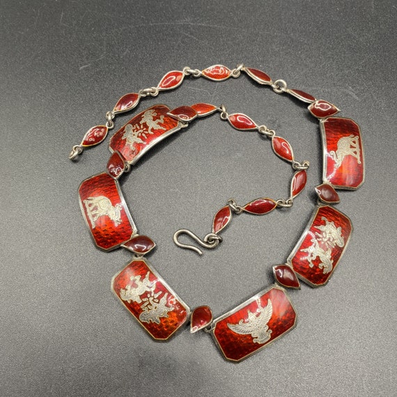 Siam Silver Necklace Red Enamel Guilloche Dancers… - image 1