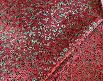 Vintage Scarlet Red Silk Brocade Fabric, Green Floral, Hong Kong NOS (3.8 yds)