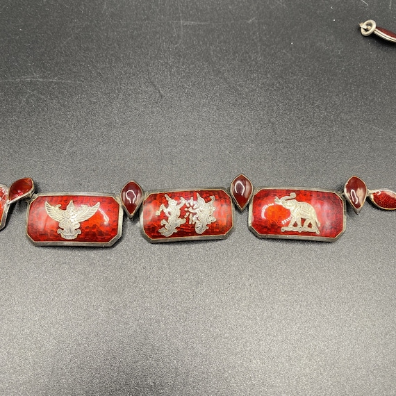 Siam Silver Necklace Red Enamel Guilloche Dancers… - image 6