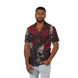 Skulls and Red Roses Men&#39;s Camp Shirt, Elegant Spooky Fashion, Halloween Outfit, Gothic Wear, Hawaiian Shirt