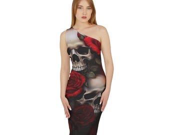 Skulls and Red Roses Shoulder Dress, Elegant Spooky Evening Gown, Halloween Fashion, Gothic Women&#39;s Cocktail Dress - Gothic Dress, Halloween