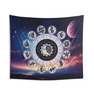 Tapeçaria de astrologia do zodíaco, céu noturno sobre montanhas, arte do horóscopo, decoração de sala de meditação, zodíaco celestial, signo astrológico, mapa estelar