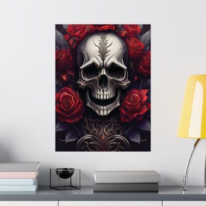 Skull Surrounded by Red Roses Matte Vertical Poster, Gothic Style Wall Art, Skull Print, Home Decor, Wall Decor, Room Decoration, Art Print