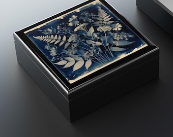 Cyanotype Flowers Jewelry Box, Flora Keepsake Casket, Blue Monochromatic Trinket Case, Plant Print Memory Vault, Nature Treasure Chest -