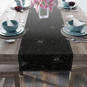 Spiders in Spiderwebs Table Runner: Creepy Halloween WhimsiGoth Decor