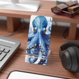 Blue Octopus Cell Phone Stand, Kraken Desk phone holder, Watercolor Smartphone Stand, Underwater Nightstand decor, kitchen phone holder