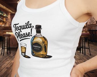 Tequila Please Tank Top, Spaghetti Strap Women&#39;s Bar Hopping Shirt, Fun Drinking Top for Ladies, Summer Beach Wear, Cocktail Party Outfit