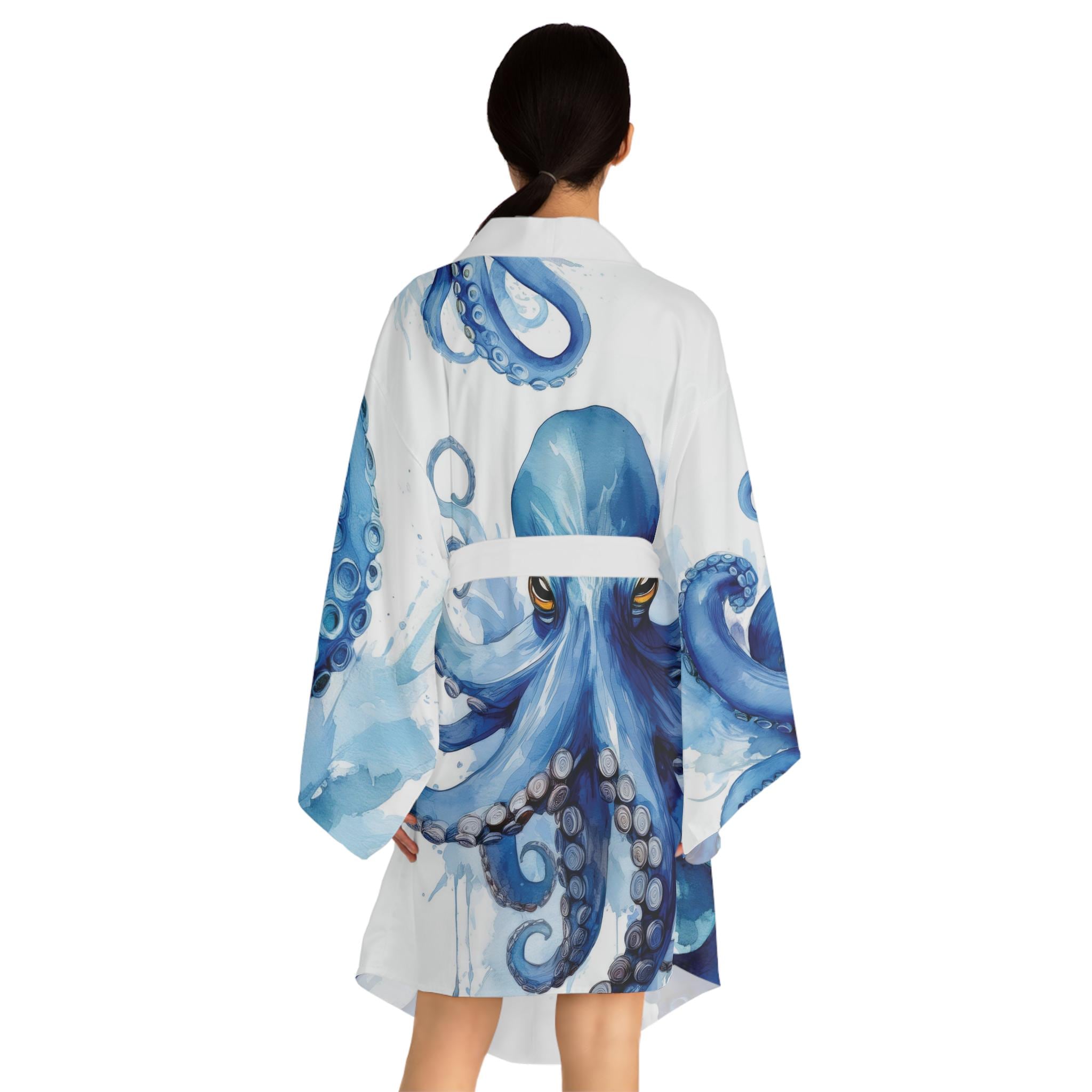 Blue Octopus Kimono Robe, Nautical Sea Creature, Tentacles Robe, Figure-Flattering Shape, Long Sleeve, Kraken, Womens Lounge Wear
