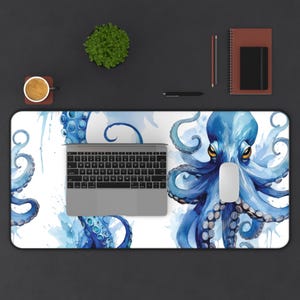 Blue Octopus Watercolor Desk Mat, Gaming Pad - Nautical Office Decor, Cute Animal Desk Pad, Ocean Theme Desk Accessory, Unique Desk Present