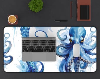 Blue Octopus Watercolor Desk Mat: Nautical Gaming Pad