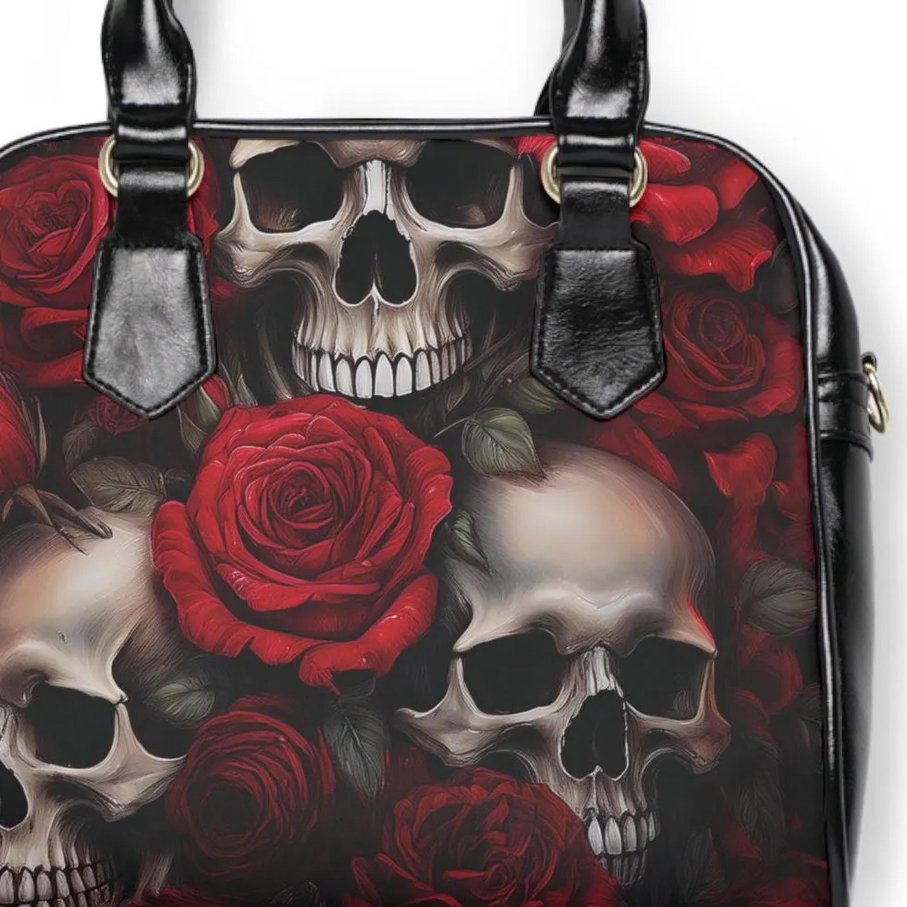 Borsa A Mano Donna Media A Secchiello &ndash; Teschio E Rose Tema Gotico In PVC/Cotone