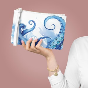 Blue Octopus Tentacles Clutch Bag, Vegan Leather in Saffiano Pattern Finish, Nautical Fashion, Kraken, Mythical and Sea Creature Gift