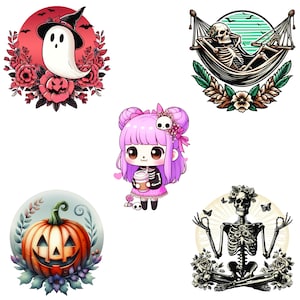 Halloween Kiss-Cut Sticker PNG 5-Pack, Digital Download, Spooky Cute, Skulls, Skeletons, Pumpkins, Ghosts