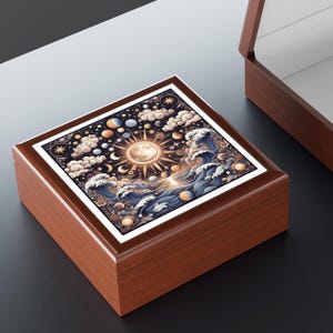 Portagioie a tema nautico celeste, cofanetto ricordo sole luna stelle e oceano, portaoggetti floreale, mini scrigno del tesoro cielo notturno, regalo