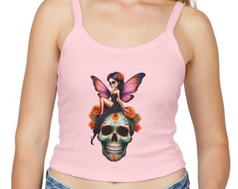 Dia de los Muertos Fairy Women&#39;s Tank Top, Floral Sugar Skull Day of the Dead Spaghetti Strap, Sexy Goth Clothing, Halloween Costume