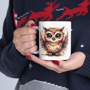 Owl Mug, Colorful Watercolor Ceramic Mug, Cute Owl Mug, Gifts for Mom, Birder gift coffee cup, adorbs bird teacup, Whimsical owl cup