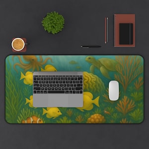 Może przedstawiać: Prostokątna podkładka pod biurko z podwodną sceną z żółtymi rybami, żółwiem morskim i ośmiornicą. Na ciemnej powierzchni znajduje się laptop, mysz i inne artykuły biurowe.