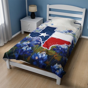 Texas Shape Flag over Bluebonnets Throw, Velveteen Plush Blanket, Warm Cozy Sofa Bed Decor, Holiday Home Gift, Large Soft Fleece Blanket