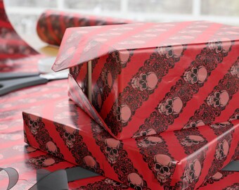 Gothic Skull Damask Christmas Wrapping Paper, Creepmas Wrapping, Rock n Roll Xmas Gift Wrap, Scary Merry Holiday Present Decoration