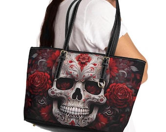 Red and Black Floral Day of the Dead Handbag, Dia de los Muertos Purse, Mexican Skull Bag, Gothic Rose, Vegan Leather Shoulder Bag