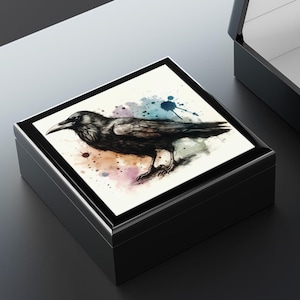 Raven Trinket Box: Watercolor Splatter Bird Keepsake Casket