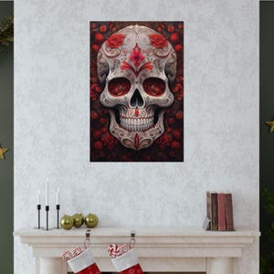 Dia de los Muertos sockerskalle-affisch: Rött och svart jugendtryck