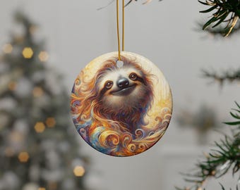 May include: Round ceramic ornament featuring a smiling sloth with colorful, flowing fur. The sloth has brown eyes and a happy expression. The ornament is suspended by a gold string, perfect for holiday decorating.