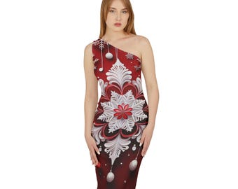 Snowflake Christmas Shoulder Dress, Red and White Evening Gown, Xmas Style Holiday Fashion, Women&#39;s Cocktail Dress, Christmas Party Outfit,