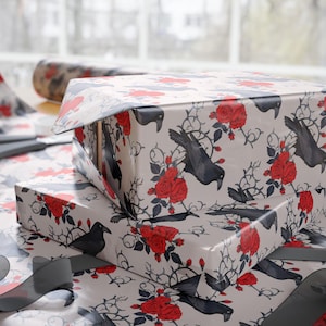 Raven and Rose Wrapping Paper, Creepmas Wrapping, Gothic Xmas Gift Wrap, Alternative Christmas Gift Wrap, Holiday Present Decoration