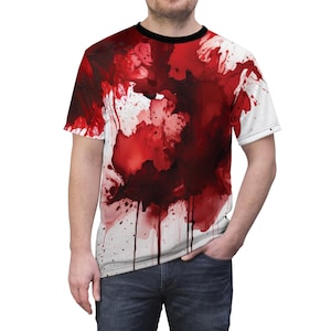 Blood Splattered AOP Tee, Horror Unisex Cut & Sew Tee, Scary T-Shirt, Gothic Unisex Shirt, Spooky Graphic Tee, Halloween Shirt