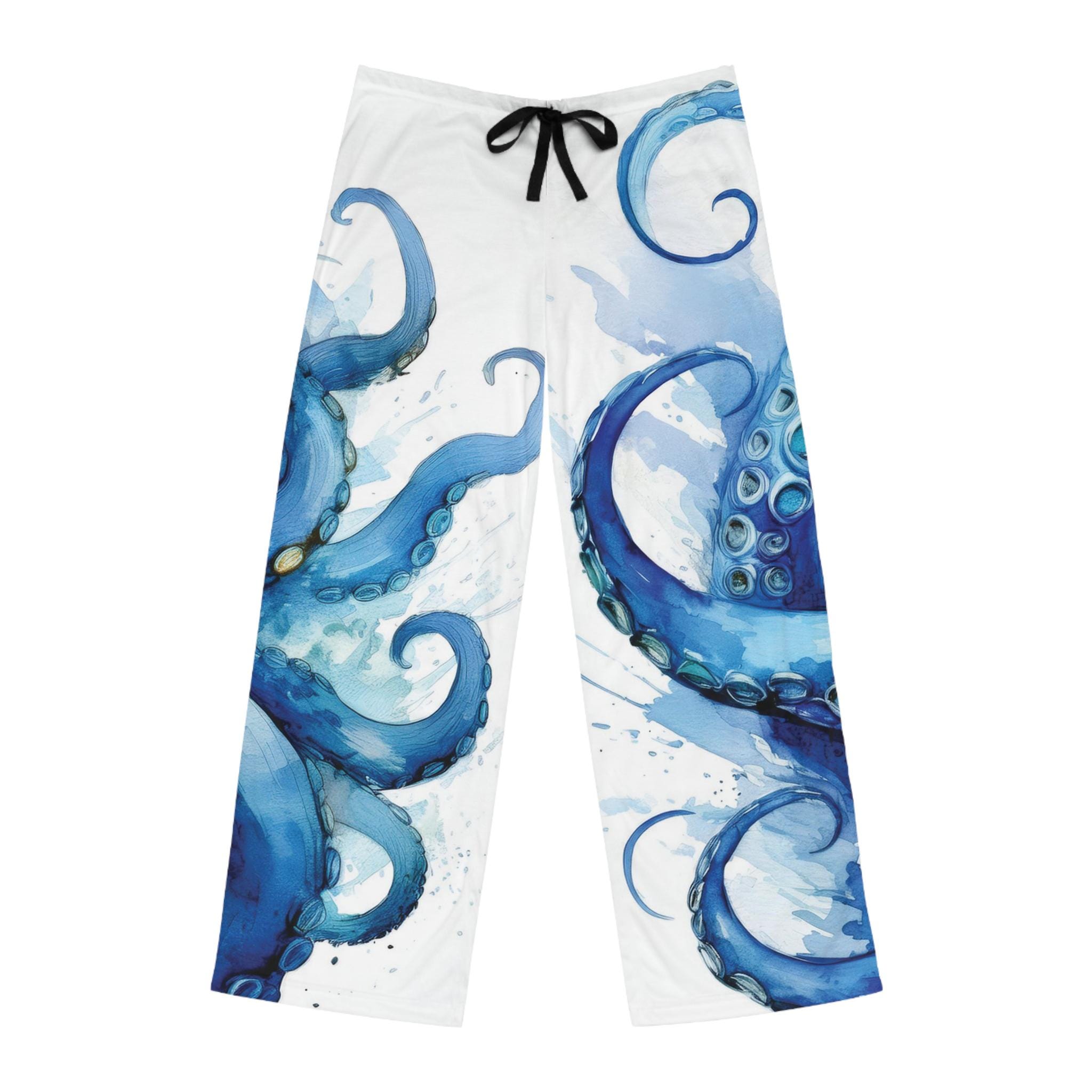 Blue Octopus Men's Pajama Pants, Sea Monster Sleepwear