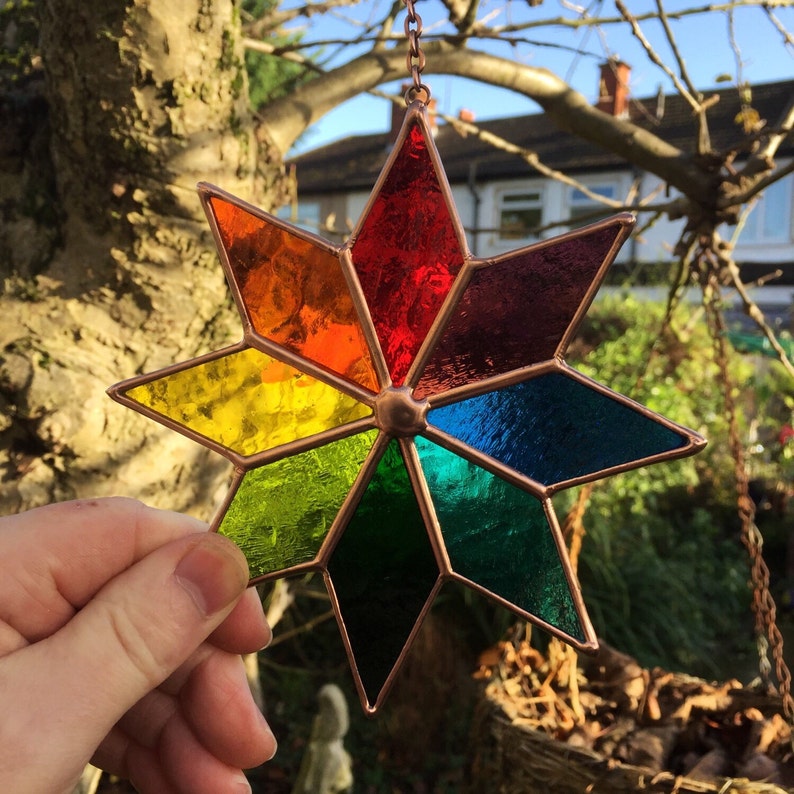 Stained Glass Star. Copper Rainbow Suncatcher, Multi Coloured Handmade Hanging Window Panel, Garden Art Home Decoration CRhodesGlassArt image 5