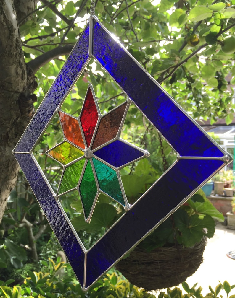 Blauw glasinlood paneel veelkleurige ster suncatcher Etsy Nederland