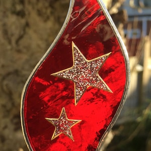 Red Stained Glass Suncatcher. Hanging Window Art Design With Star, Indoor Home Decoration, Garden Decor Gift, Chain / Ribbon CRhodesGlassArt