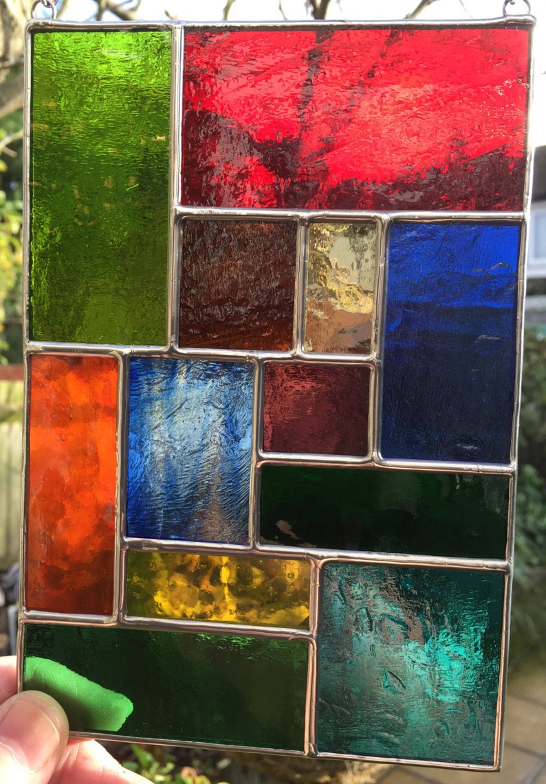 Stained Glass Panel. Multi Coloured Abstract Suncatcher, Handmade Hanging Window Indoor Home Decoration, Garden Decor Art CRhodesGlassArt image 5