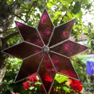 Stained Glass Star. Purple Colour Suncatcher, Handmade Hanging Window Wall Art Decoration, Mauve Outdoor Garden Decor Panel CRhodesGlassArt