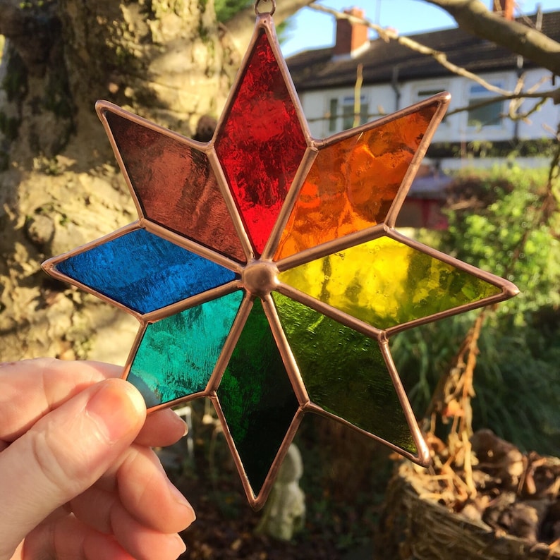 Stained Glass Star. Copper Rainbow Suncatcher, Multi Coloured Handmade Hanging Window Panel, Garden Art Home Decoration CRhodesGlassArt image 4