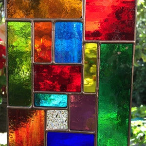 Stained Glass Panel. Rainbow Art Suncatcher, Copper Multi Coloured Window Hanging, Abstract Home Decoration, Garden Decor - CRhodesGlassArt