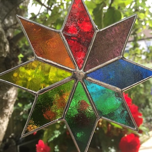 Stained Glass Panel. Rainbow Star Suncatcher, Handmade Multi Coloured Hanging Window Art Decoration, Colourful Garden Decor. CRhodesGlassArt