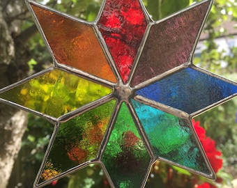 Rainbow Stained Glass Panel, Multi Coloured Star Suncatcher, Handmade Hanging Window Art Decoration, Christmas Gift - CRhodesGlassArt