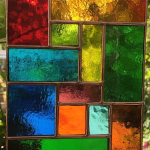 Stained Glass Panel. Copper Multi Coloured Abstract Suncatcher, Handmade Hanging Window Art, Unique Garden Decoration Gift - CRhodesGlassArt