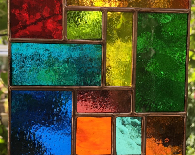 Stained Glass Suncatcher, Multi Colour Copper Abstract Art Panel, Handmade Window Decoration, Gift