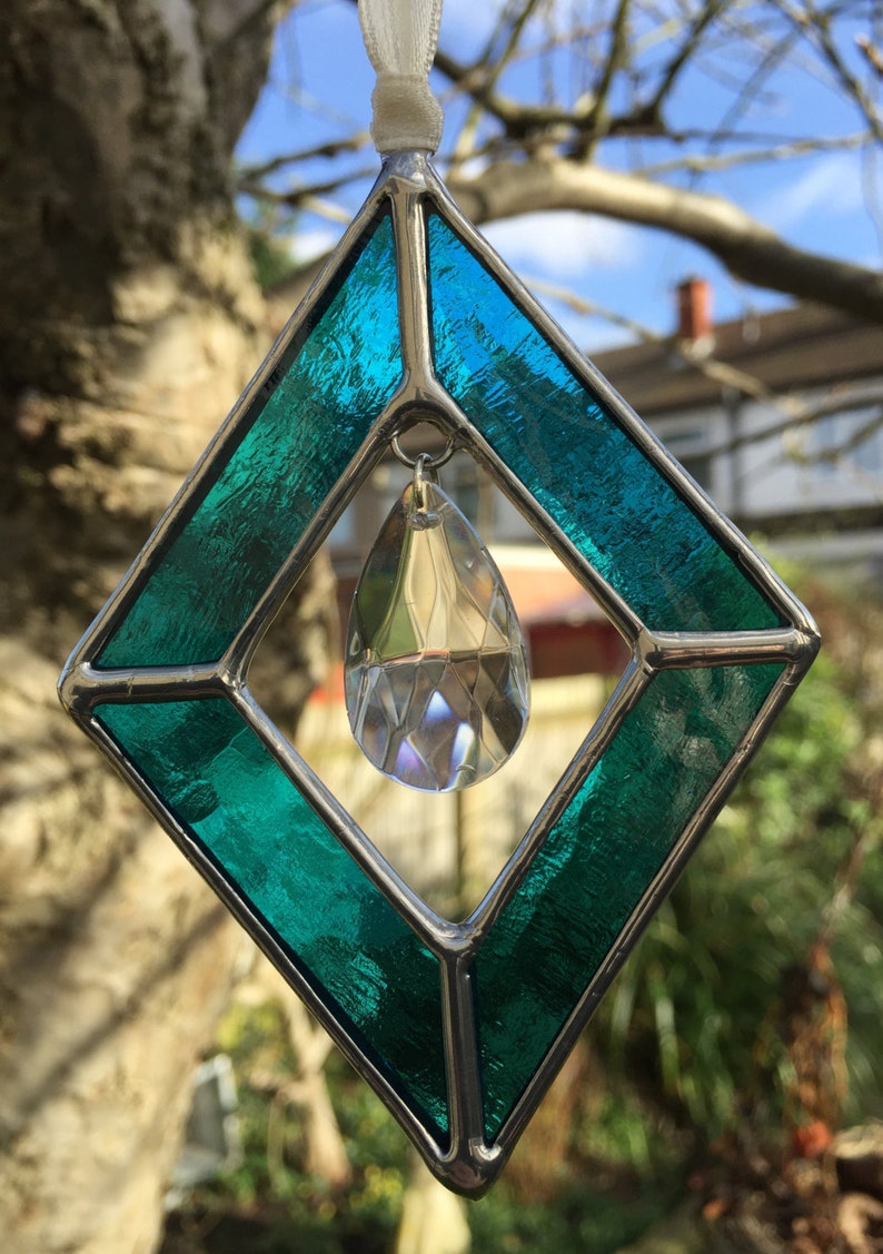 Stained Glass Suncatcher Teal Blue Colour Art Diamond Shape Etsy UK