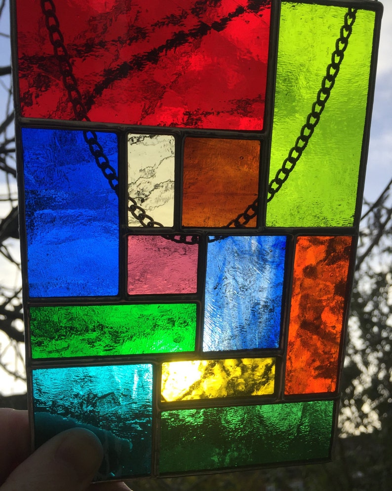 Stained Glass Panel. Multi Coloured Abstract Suncatcher, Handmade Hanging Window Indoor Home Decoration, Garden Decor Art CRhodesGlassArt image 3