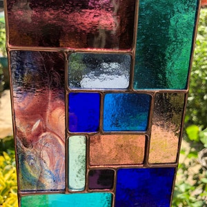 Copper Stained Glass Panel. Blue & Purple Coloured Abstract Suncatcher, Hanging Window Garden Art Decoration, Outdoor Geometric Decor Gift.