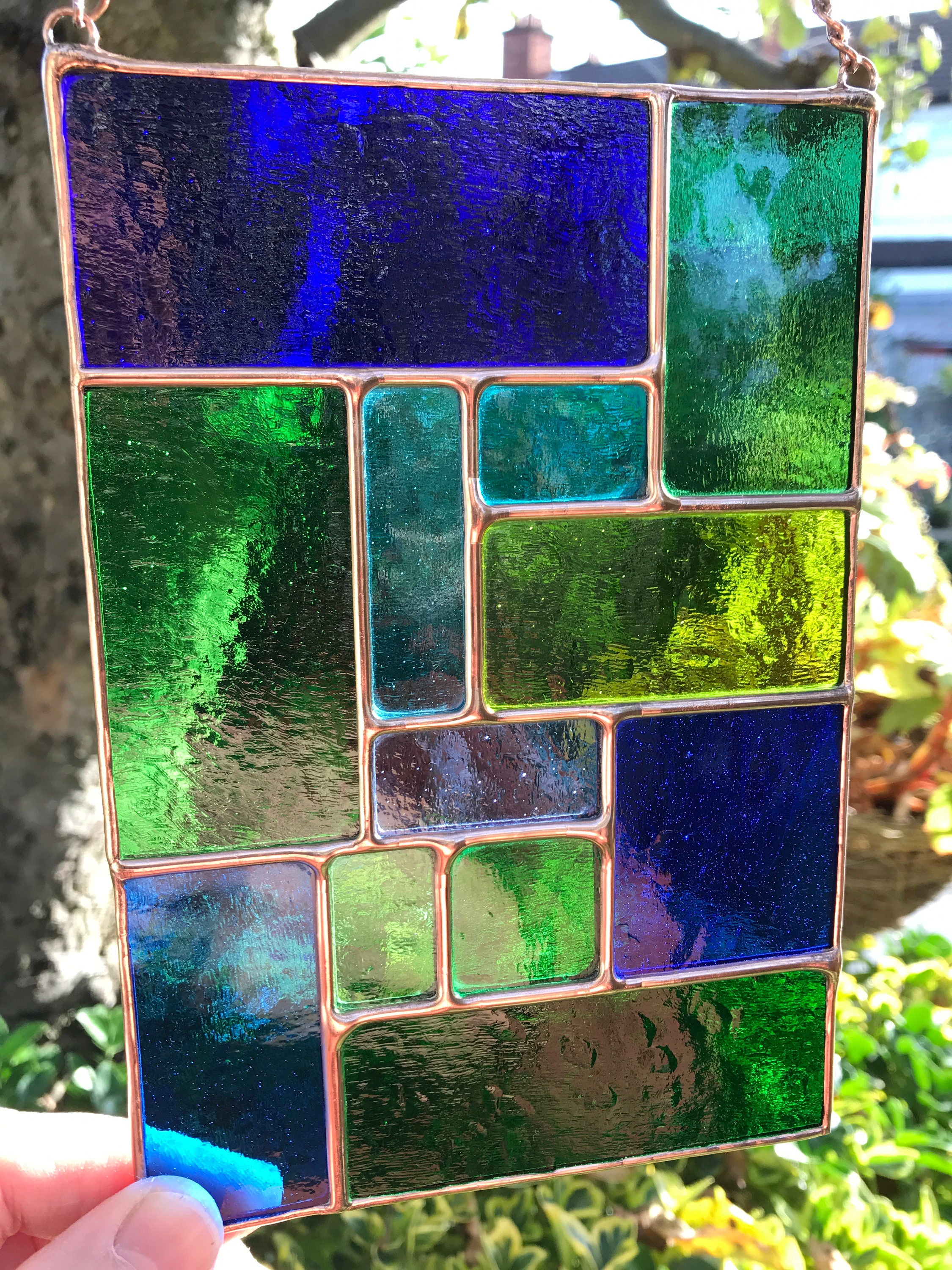 Stained Glass Panel Blue & Green Coloured Copper Abstract Etsy