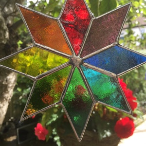 Stained Glass Panel. Rainbow Star Suncatcher, Handmade Multi Coloured Hanging Window Art Decoration, Colourful Garden Decor. CRhodesGlassArt image 3