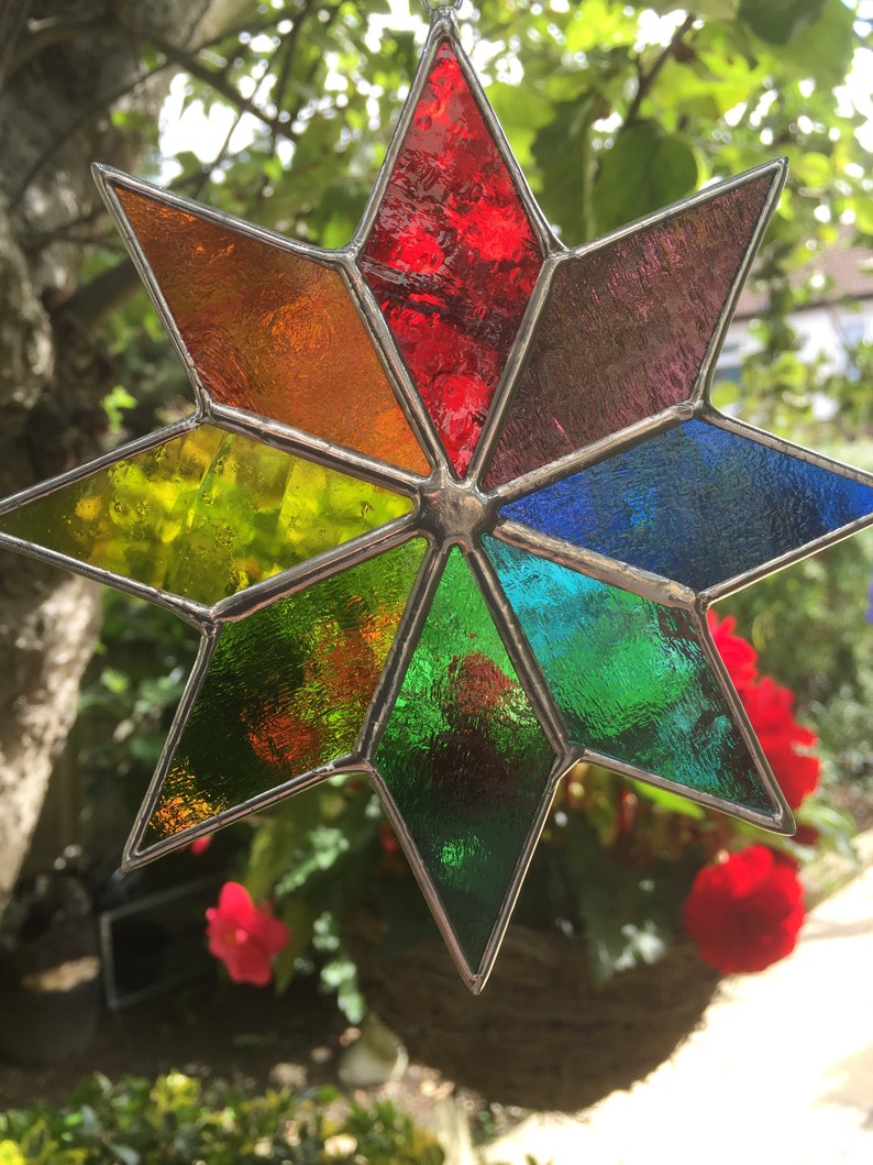 Stained Glass Panel. Rainbow Star Suncatcher, Handmade Multi Coloured Hanging Window Art Decoration, Colourful Garden Decor. CRhodesGlassArt image 3