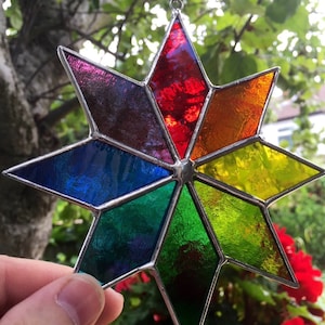 Stained Glass Panel. Rainbow Star Suncatcher, Handmade Multi Coloured Hanging Window Art Decoration, Colourful Garden Decor. CRhodesGlassArt image 5