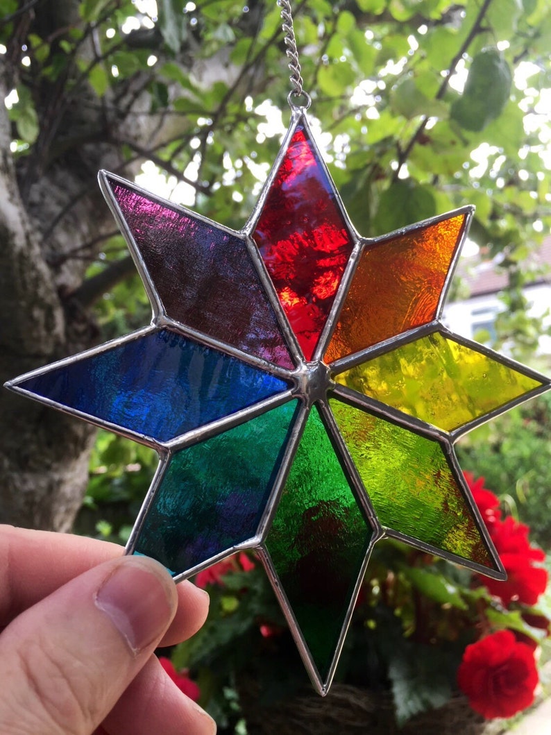 Stained Glass Panel. Rainbow Star Suncatcher, Handmade Multi Coloured Hanging Window Art Decoration, Colourful Garden Decor. CRhodesGlassArt image 5